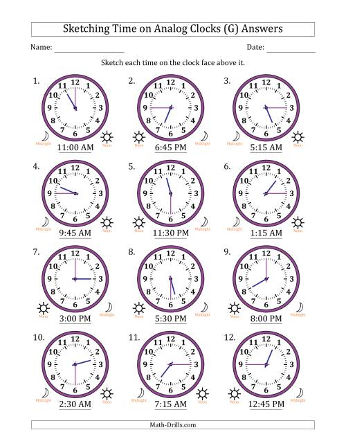 The Sketching 12 Hour Time on Analog Clocks in 15 Minute Intervals (12 Clocks) (G) Math Worksheet Page 2