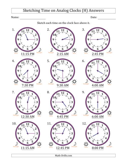 The Sketching 12 Hour Time on Analog Clocks in 15 Minute Intervals (12 Clocks) (H) Math Worksheet Page 2