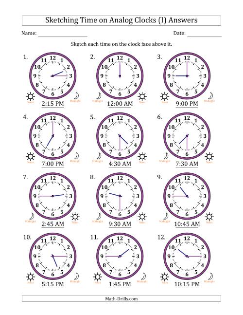 The Sketching 12 Hour Time on Analog Clocks in 15 Minute Intervals (12 Clocks) (I) Math Worksheet Page 2