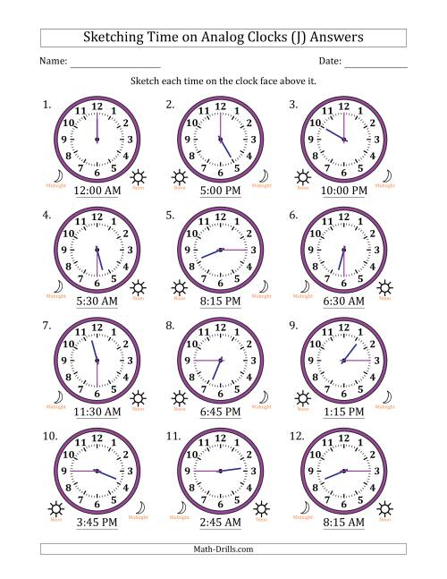 The Sketching 12 Hour Time on Analog Clocks in 15 Minute Intervals (12 Clocks) (J) Math Worksheet Page 2