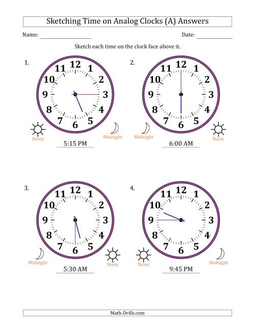 The Sketching 12 Hour Time on Analog Clocks in 15 Minute Intervals (4 Large Clocks) (A) Math Worksheet Page 2