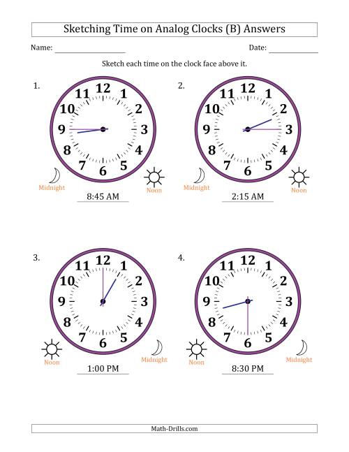The Sketching 12 Hour Time on Analog Clocks in 15 Minute Intervals (4 Large Clocks) (B) Math Worksheet Page 2