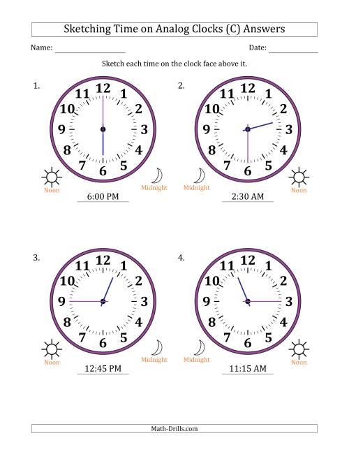 The Sketching 12 Hour Time on Analog Clocks in 15 Minute Intervals (4 Large Clocks) (C) Math Worksheet Page 2