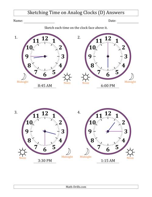 The Sketching 12 Hour Time on Analog Clocks in 15 Minute Intervals (4 Large Clocks) (D) Math Worksheet Page 2