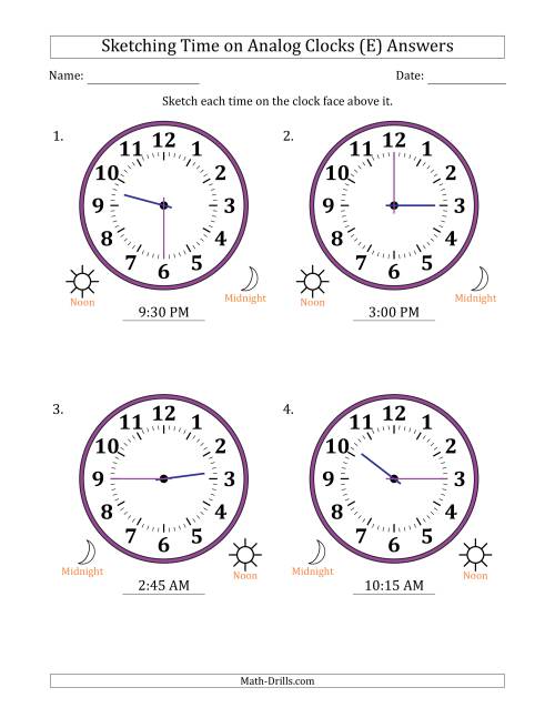 The Sketching 12 Hour Time on Analog Clocks in 15 Minute Intervals (4 Large Clocks) (E) Math Worksheet Page 2