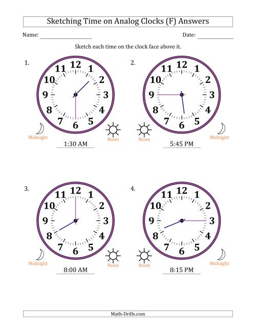 The Sketching 12 Hour Time on Analog Clocks in 15 Minute Intervals (4 Large Clocks) (F) Math Worksheet Page 2