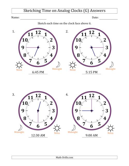The Sketching 12 Hour Time on Analog Clocks in 15 Minute Intervals (4 Large Clocks) (G) Math Worksheet Page 2