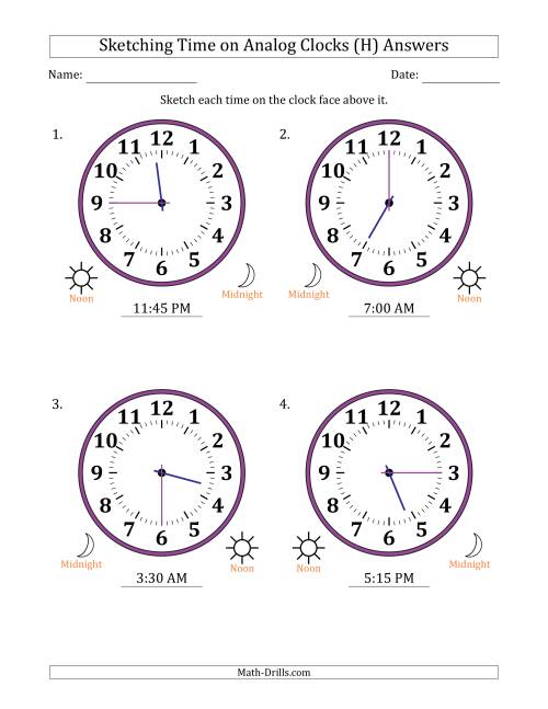 The Sketching 12 Hour Time on Analog Clocks in 15 Minute Intervals (4 Large Clocks) (H) Math Worksheet Page 2