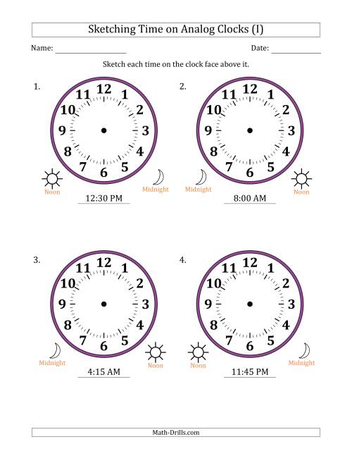 The Sketching 12 Hour Time on Analog Clocks in 15 Minute Intervals (4 Large Clocks) (I) Math Worksheet