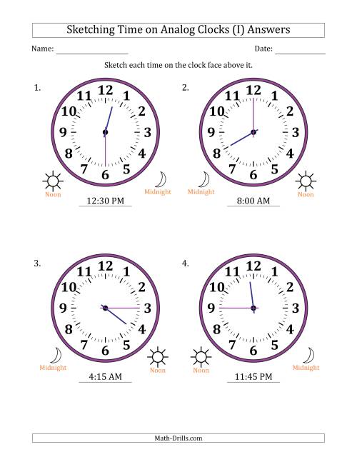 The Sketching 12 Hour Time on Analog Clocks in 15 Minute Intervals (4 Large Clocks) (I) Math Worksheet Page 2
