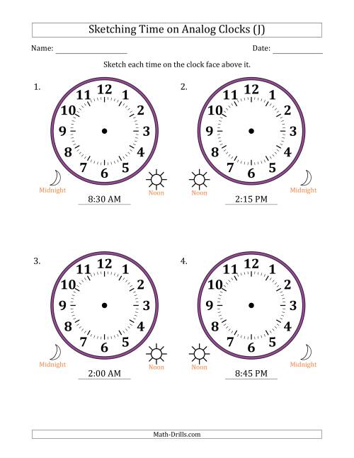 The Sketching 12 Hour Time on Analog Clocks in 15 Minute Intervals (4 Large Clocks) (J) Math Worksheet