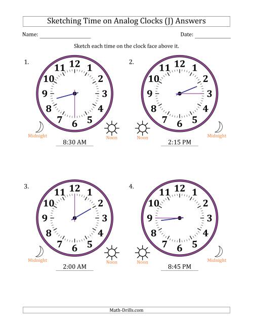 The Sketching 12 Hour Time on Analog Clocks in 15 Minute Intervals (4 Large Clocks) (J) Math Worksheet Page 2