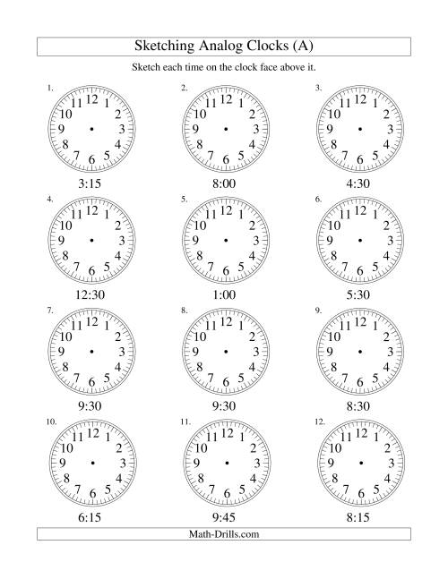 The Sketching Time on Analog Clocks in 15 Minute Intervals (Old) Math Worksheet