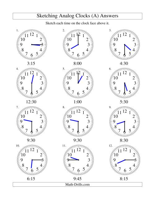 The Sketching Time on Analog Clocks in 15 Minute Intervals (Old) Math Worksheet Page 2