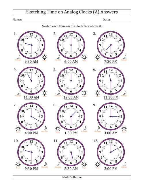 The Sketching 12 Hour Time on Analog Clocks in 30 Minute Intervals (12 Clocks) (A) Math Worksheet Page 2