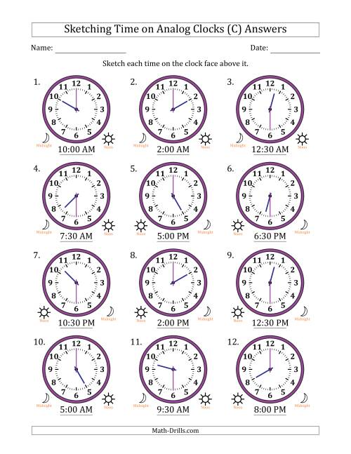The Sketching 12 Hour Time on Analog Clocks in 30 Minute Intervals (12 Clocks) (C) Math Worksheet Page 2