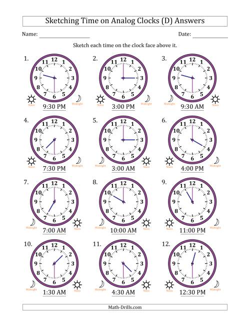 The Sketching 12 Hour Time on Analog Clocks in 30 Minute Intervals (12 Clocks) (D) Math Worksheet Page 2