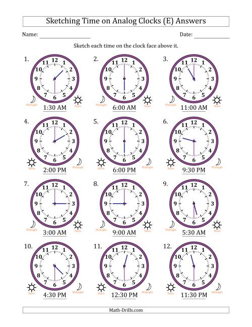 The Sketching 12 Hour Time on Analog Clocks in 30 Minute Intervals (12 Clocks) (E) Math Worksheet Page 2