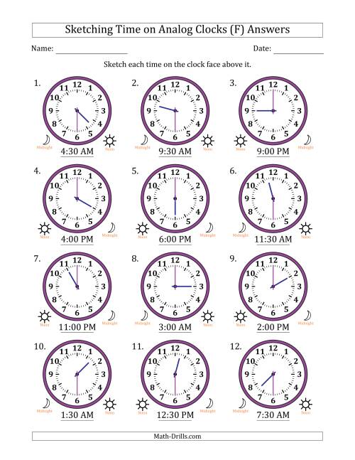 The Sketching 12 Hour Time on Analog Clocks in 30 Minute Intervals (12 Clocks) (F) Math Worksheet Page 2