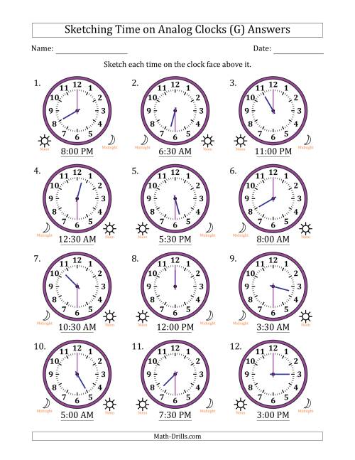 The Sketching 12 Hour Time on Analog Clocks in 30 Minute Intervals (12 Clocks) (G) Math Worksheet Page 2