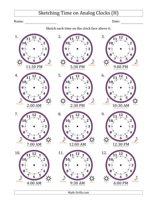 The Sketching 12 Hour Time on Analog Clocks in 30 Minute Intervals (12 Clocks) (H) Math Worksheet