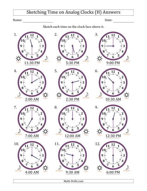 The Sketching 12 Hour Time on Analog Clocks in 30 Minute Intervals (12 Clocks) (H) Math Worksheet Page 2