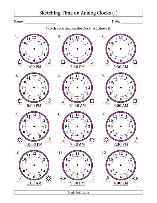 The Sketching 12 Hour Time on Analog Clocks in 30 Minute Intervals (12 Clocks) (I) Math Worksheet