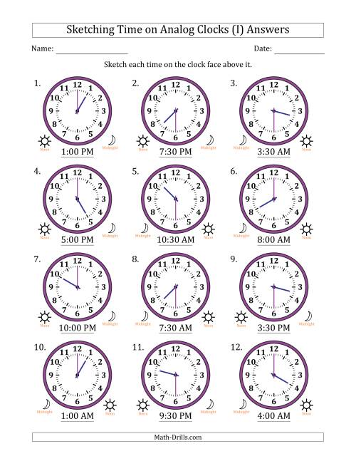The Sketching 12 Hour Time on Analog Clocks in 30 Minute Intervals (12 Clocks) (I) Math Worksheet Page 2