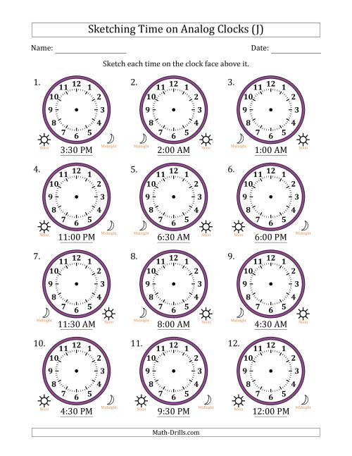 The Sketching 12 Hour Time on Analog Clocks in 30 Minute Intervals (12 Clocks) (J) Math Worksheet