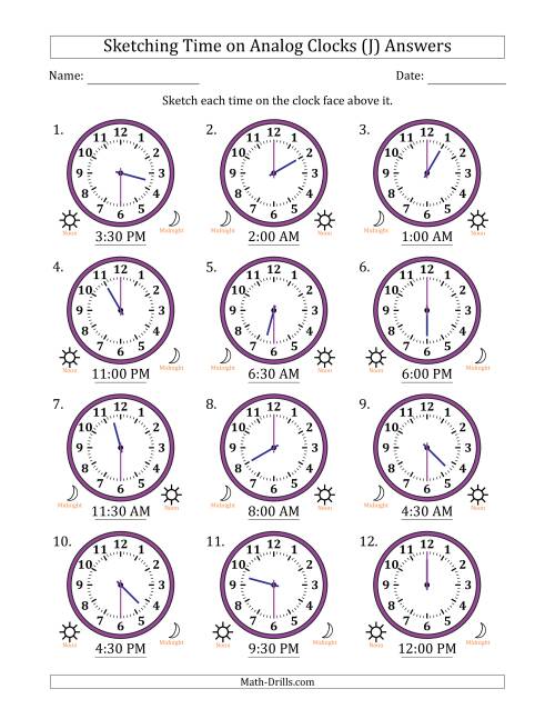 The Sketching 12 Hour Time on Analog Clocks in 30 Minute Intervals (12 Clocks) (J) Math Worksheet Page 2
