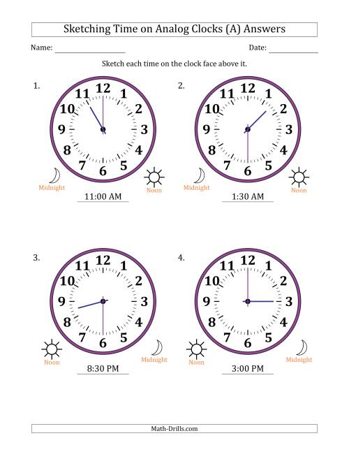 The Sketching 12 Hour Time on Analog Clocks in 30 Minute Intervals (4 Large Clocks) (A) Math Worksheet Page 2