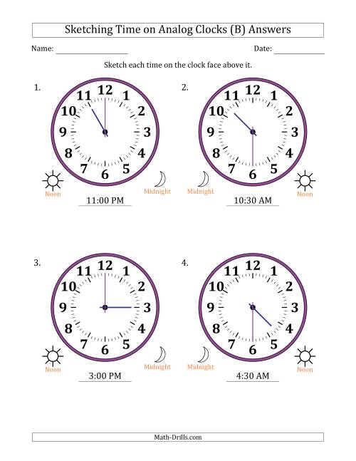 The Sketching 12 Hour Time on Analog Clocks in 30 Minute Intervals (4 Large Clocks) (B) Math Worksheet Page 2