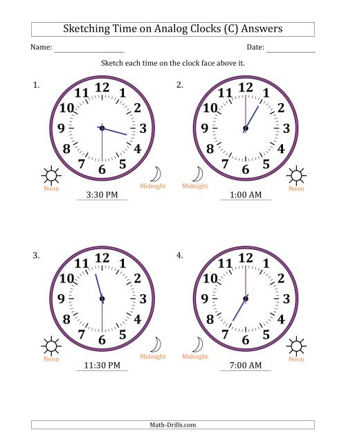 The Sketching 12 Hour Time on Analog Clocks in 30 Minute Intervals (4 Large Clocks) (C) Math Worksheet Page 2
