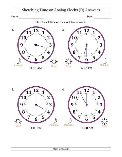 The Sketching 12 Hour Time on Analog Clocks in 30 Minute Intervals (4 Large Clocks) (D) Math Worksheet Page 2