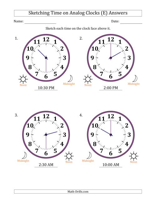 The Sketching 12 Hour Time on Analog Clocks in 30 Minute Intervals (4 Large Clocks) (E) Math Worksheet Page 2