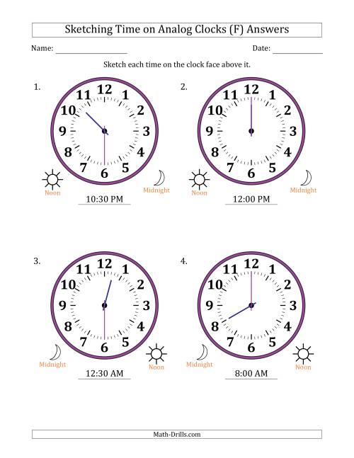 The Sketching 12 Hour Time on Analog Clocks in 30 Minute Intervals (4 Large Clocks) (F) Math Worksheet Page 2