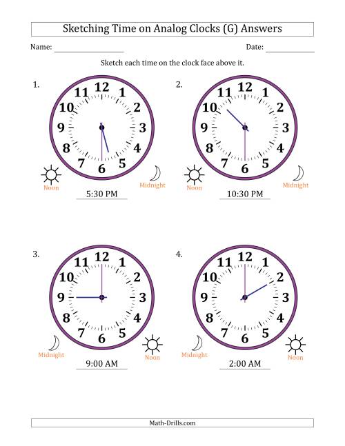 The Sketching 12 Hour Time on Analog Clocks in 30 Minute Intervals (4 Large Clocks) (G) Math Worksheet Page 2