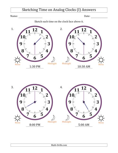 The Sketching 12 Hour Time on Analog Clocks in 30 Minute Intervals (4 Large Clocks) (I) Math Worksheet Page 2