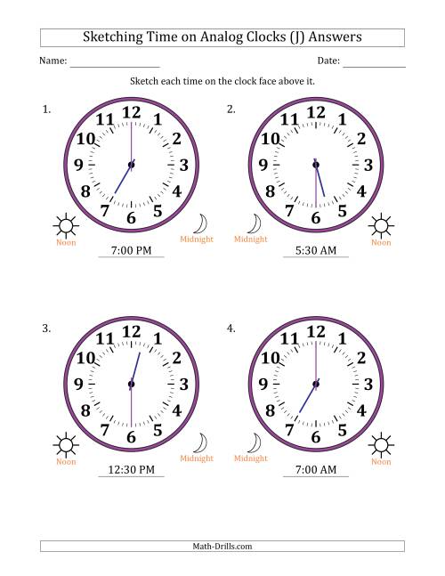 The Sketching 12 Hour Time on Analog Clocks in 30 Minute Intervals (4 Large Clocks) (J) Math Worksheet Page 2