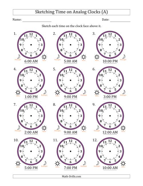 The Sketching 12 Hour Time on Analog Clocks in One Hour Intervals (12 Clocks) (A) Math Worksheet