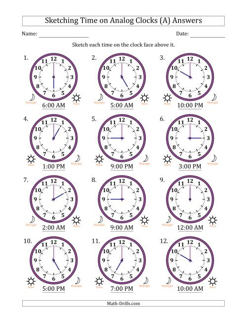 The Sketching 12 Hour Time on Analog Clocks in One Hour Intervals (12 Clocks) (A) Math Worksheet Page 2