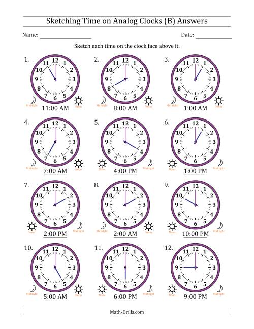 The Sketching 12 Hour Time on Analog Clocks in One Hour Intervals (12 Clocks) (B) Math Worksheet Page 2