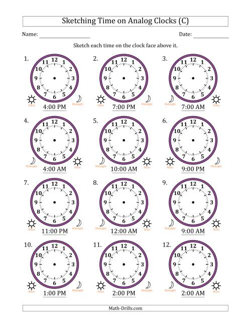The Sketching 12 Hour Time on Analog Clocks in One Hour Intervals (12 Clocks) (C) Math Worksheet