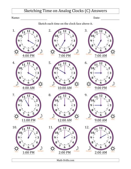 The Sketching 12 Hour Time on Analog Clocks in One Hour Intervals (12 Clocks) (C) Math Worksheet Page 2