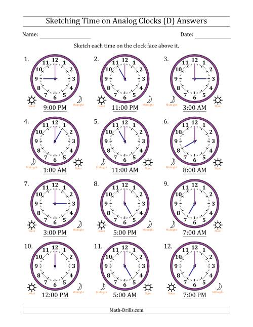 The Sketching 12 Hour Time on Analog Clocks in One Hour Intervals (12 Clocks) (D) Math Worksheet Page 2