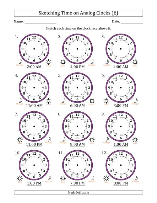 The Sketching 12 Hour Time on Analog Clocks in One Hour Intervals (12 Clocks) (E) Math Worksheet