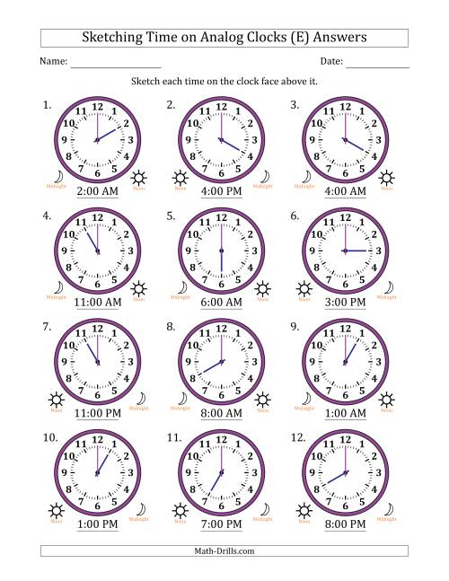 The Sketching 12 Hour Time on Analog Clocks in One Hour Intervals (12 Clocks) (E) Math Worksheet Page 2