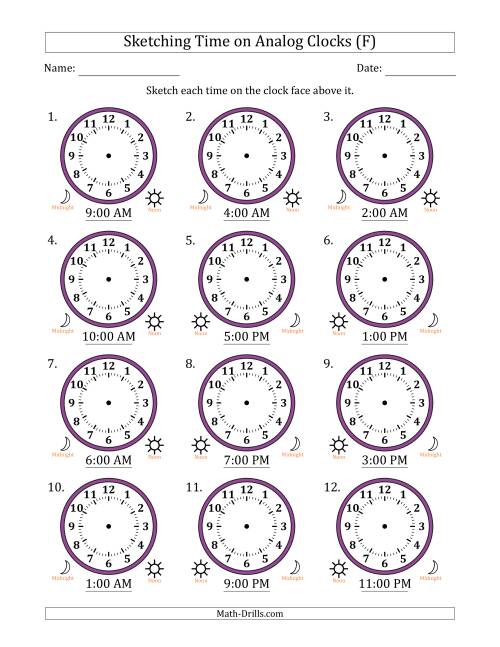 The Sketching 12 Hour Time on Analog Clocks in One Hour Intervals (12 Clocks) (F) Math Worksheet