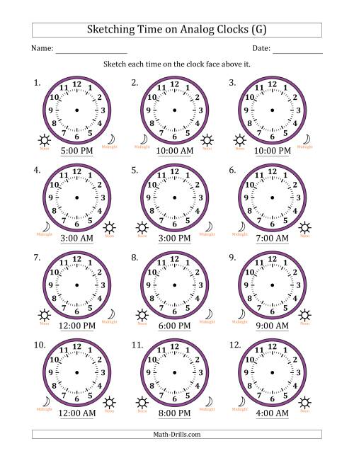 The Sketching 12 Hour Time on Analog Clocks in One Hour Intervals (12 Clocks) (G) Math Worksheet
