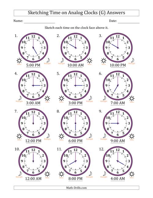 The Sketching 12 Hour Time on Analog Clocks in One Hour Intervals (12 Clocks) (G) Math Worksheet Page 2